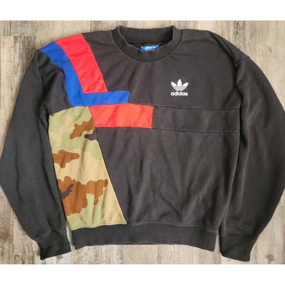Adidas Sweatshirt Mens S Black Colorblock Camo Trefoil Logo Pullover Crewneck
